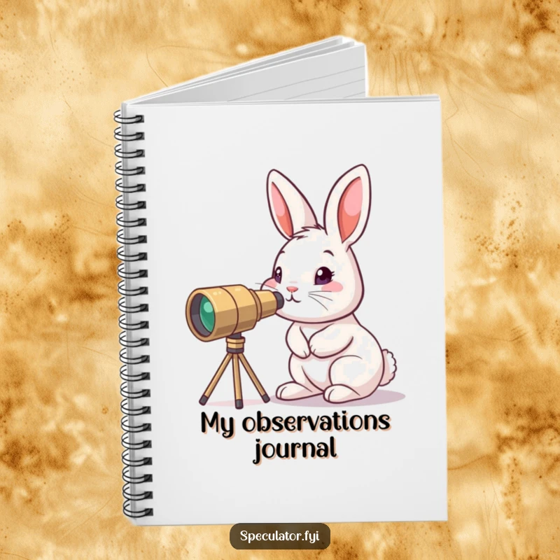 Funny curious bunny notebook peering through tiny telescope, a little explorer character for jotting down observations.