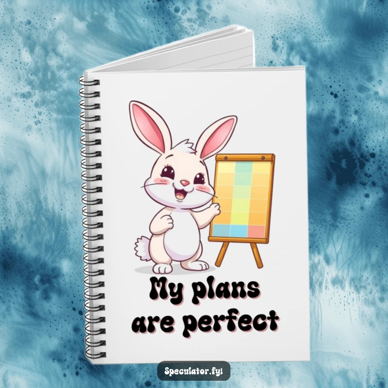 Funny bunny notebook, confidently pointing at a colorful chart, ideal for brainstorming and notes.