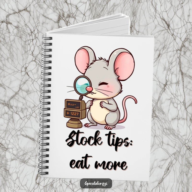 Funny notebook with a clever mouse wearing a monocle, examining a market ticker, perfect for note-taking with a touch of financial humor. A cute funny gift.