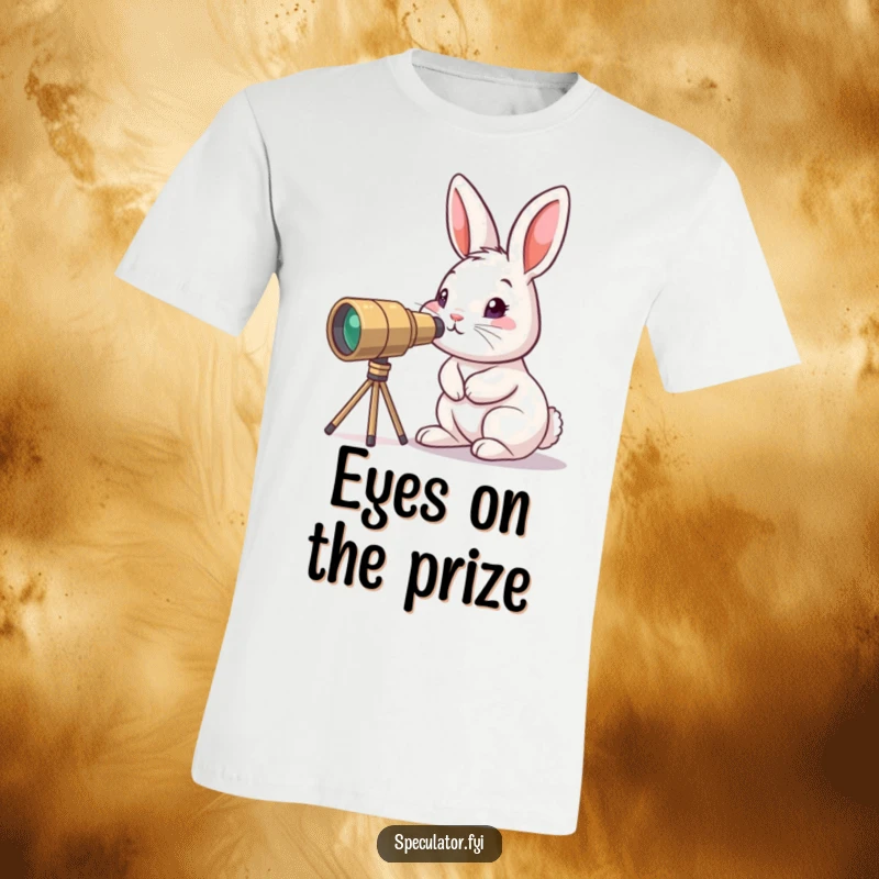 Funny curious bunny t-shirt peering through tiny telescope, a little explorer character with big dreams and a smile.