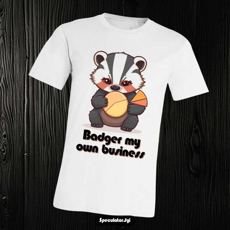 Funny badger t-shirt showing a serious badger with a furrowed brow analyzing a pie chart, celebrating data and humor.