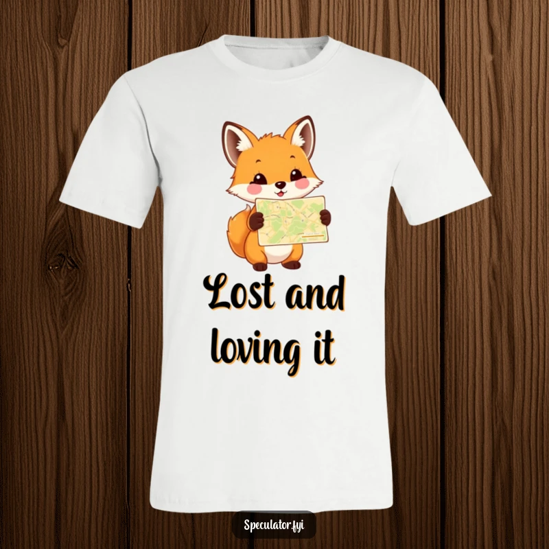 Funny Fox Cub Adventure T-Shirt with a happy cub holding a tiny map, ready for exploration and conveying charming, humorous curiosity.