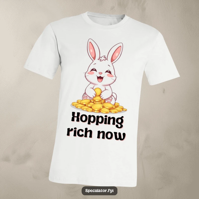 Funny Giggling Bunny Coin T-Shirt with a happy bunny holding shiny coins, conveying humorous prosperity and infectious glee.
