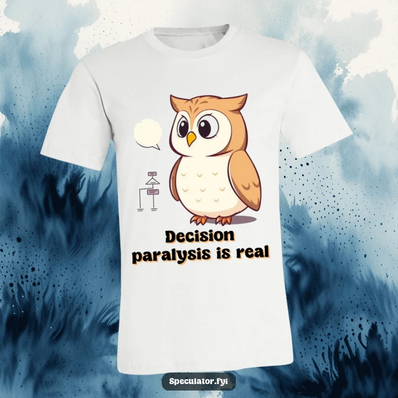 Funny owl t-shirt featuring a contemplative owl examining a detailed flowchart, perfect for witty intellectuals and those who appreciate smart humor.