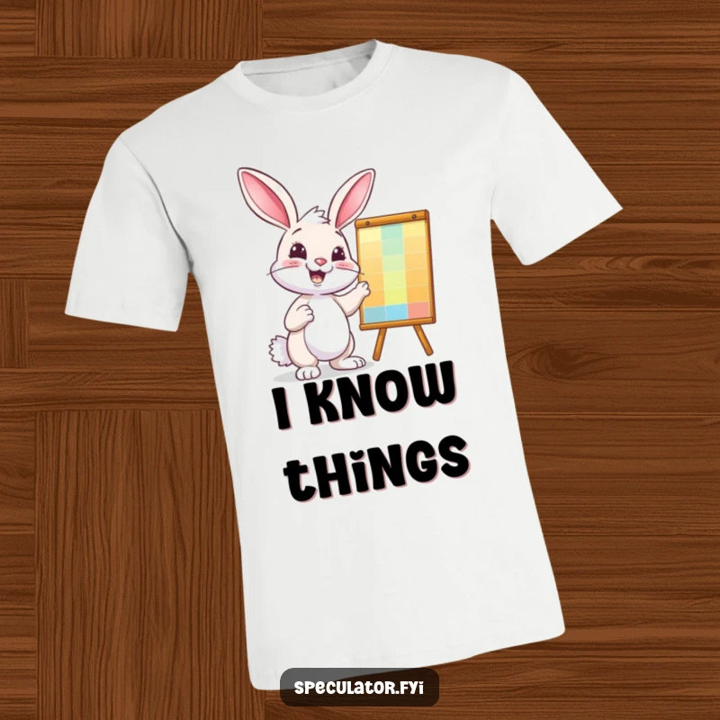 Funny bunny t-shirt, exuding confidence while pointing at a colorful, upwardly mobile chart, business wit.