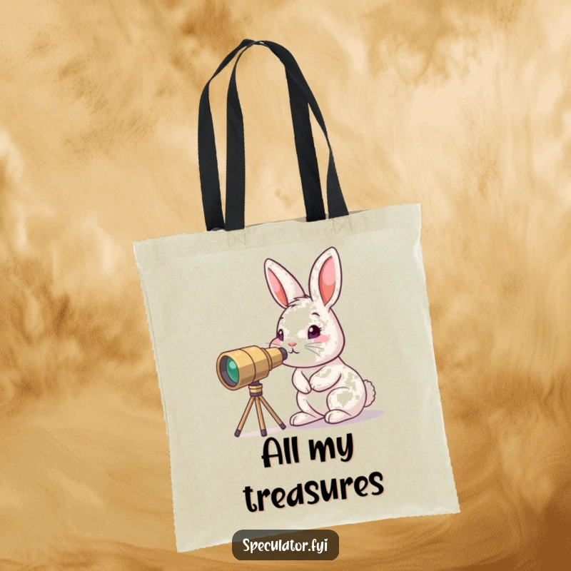 Funny curious bunny tote bag peering through tiny telescope, a cheerful little explorer character ready for any outing.