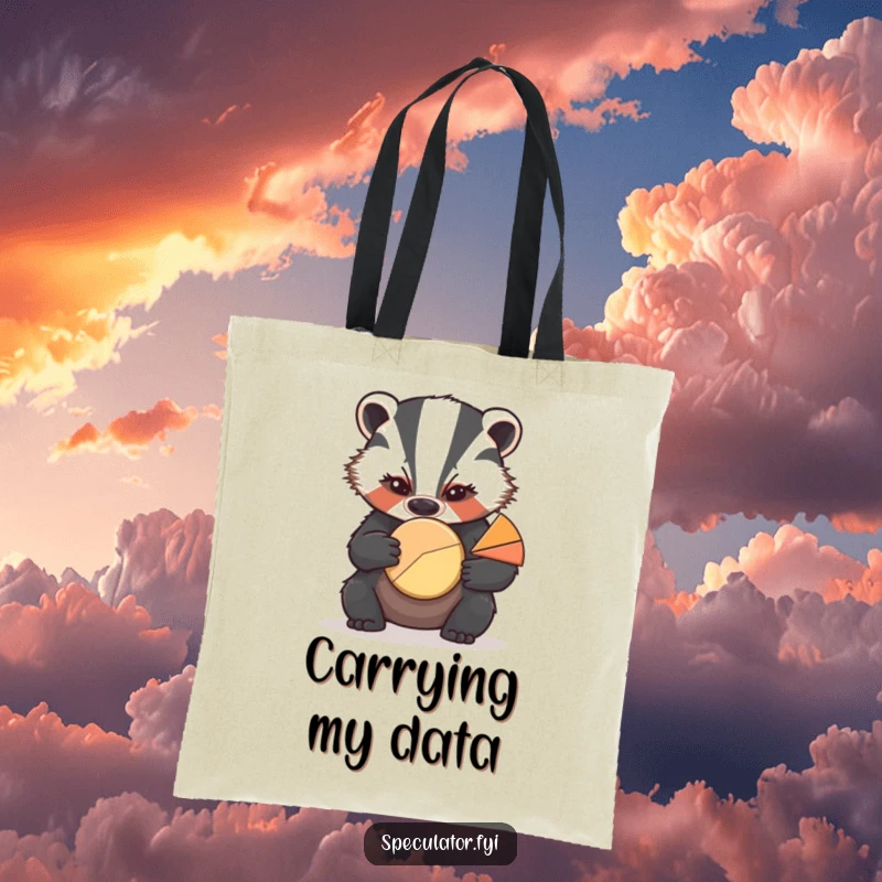 Funny tote bag with a serious badger analyzing a pie chart, perfect for carrying essentials with a humorous twist.
