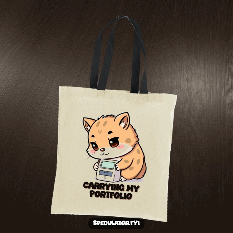 Funny Kawaii animal tote bag with determined look examining a stock ticker, practical and a funny gift.