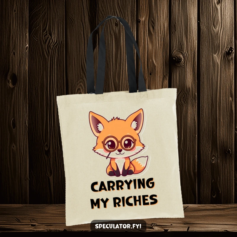 Funny kawaii fox wearing a monocle and inspecting a coin, making this tote bag a humorous and stylish accessory.