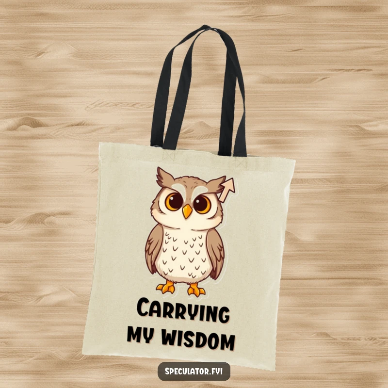 Funny Tote Bag: A durable bag printed with a curious owl observing a rising arrow icon, ideal for carrying books and insights.
