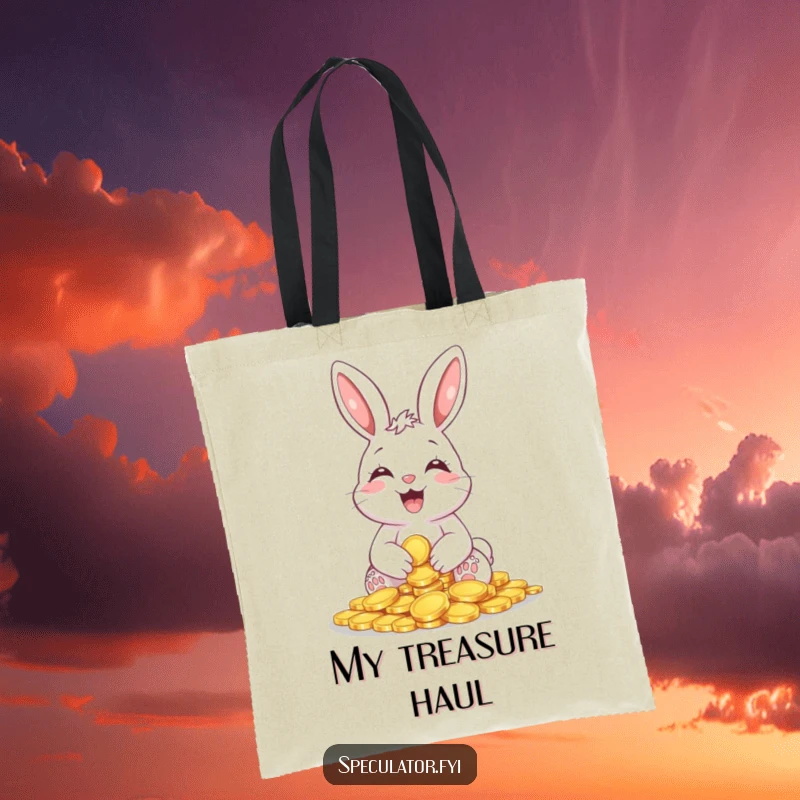 Funny Giggling Bunny Coin Tote Bag showing a happy bunny holding shiny coins, perfect for carrying items with a sense of humor and prosperity.