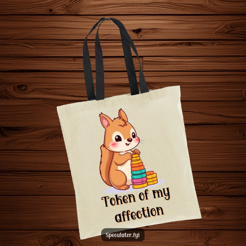 Funny squirrel tote bag depicting a cute squirrel diligently counting a stack of brightly colored tokens, a practical and humorous accessory.