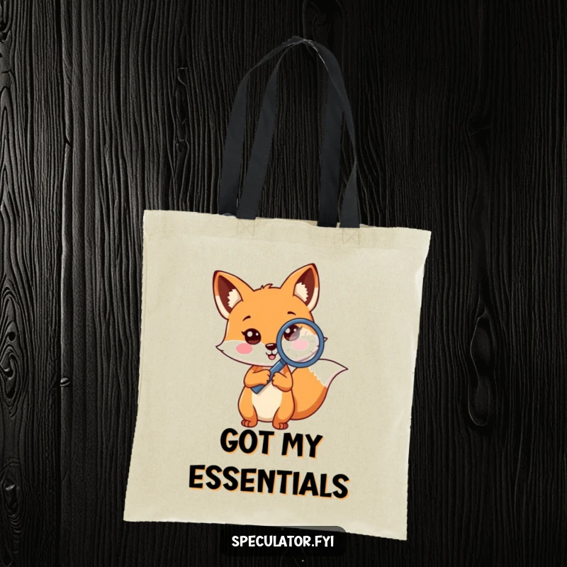 Funny cheerful fox tote bag holding magnifying glass to question mark, a keen detective character ready for any task.