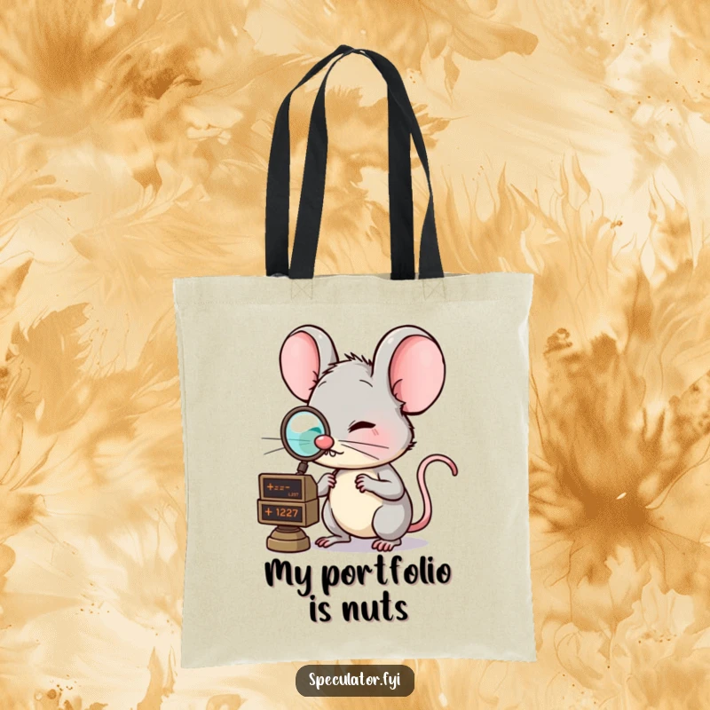 Funny tote bag featuring a clever mouse with a monocle, examining a floating market ticker, perfect for carrying items with financial humor. A great funny gift.